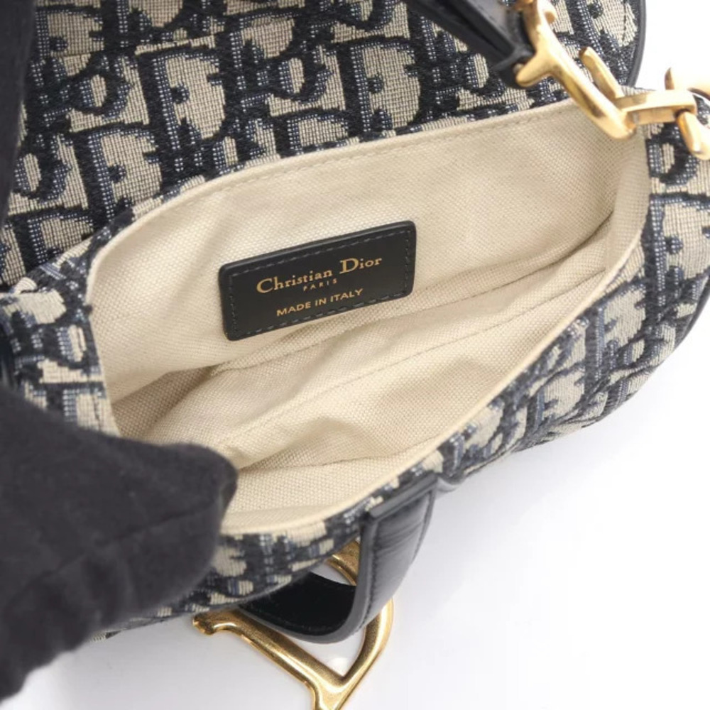 Dior Bag Jacquard Oblique Saddle Blue Navy White Ivory Canvas Handbag Leather - Picture 3 of 8